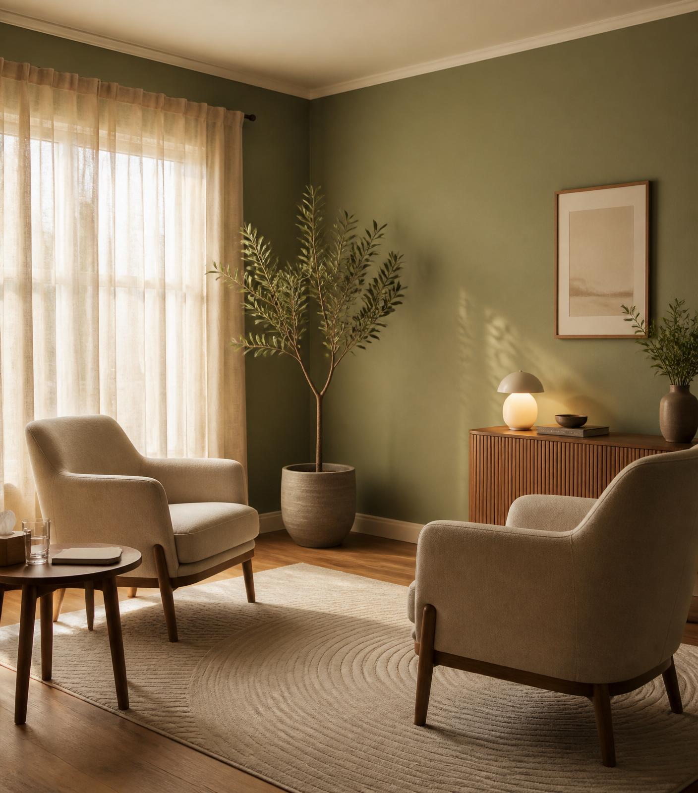 A warm, calm consulting room with olive tones and natural light