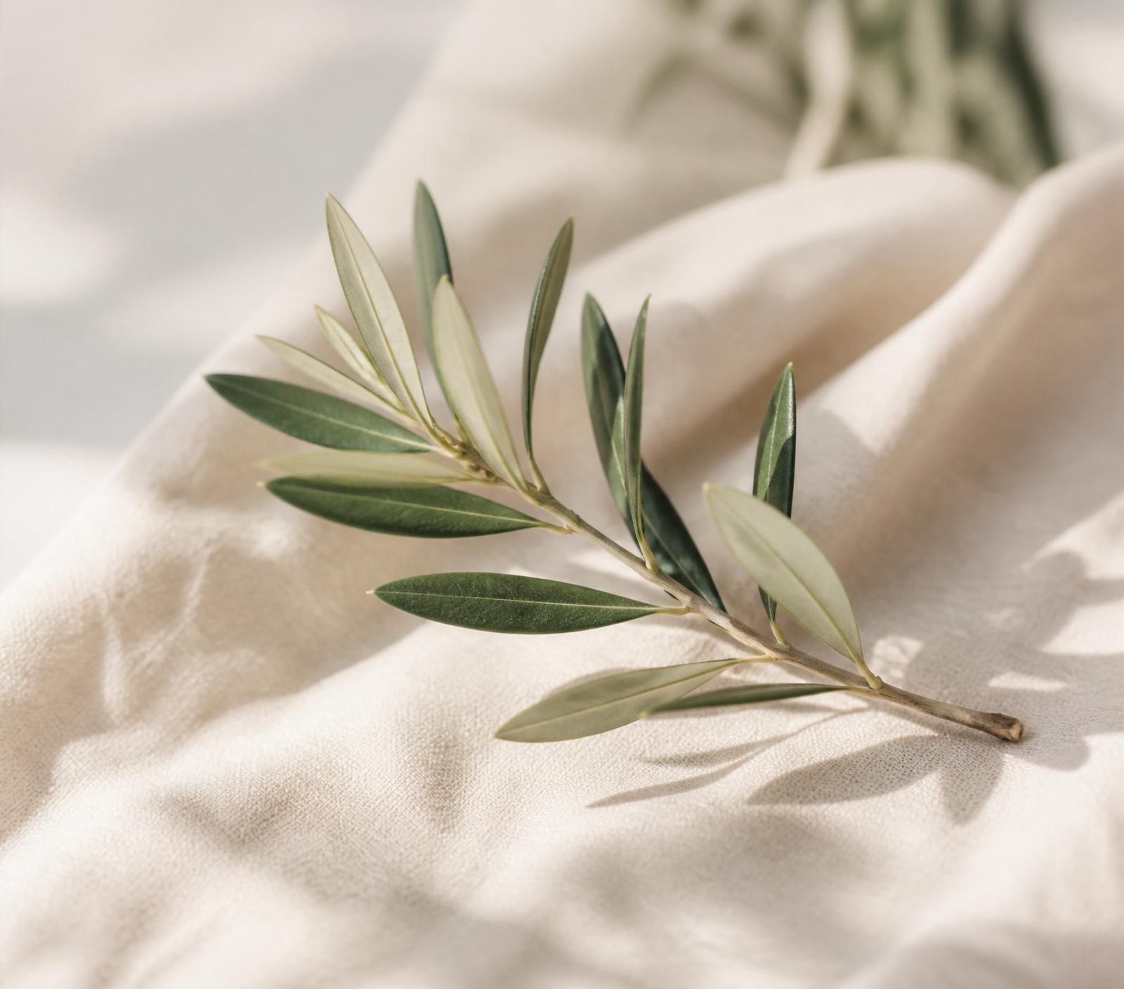 Olive branch resting on soft linen
